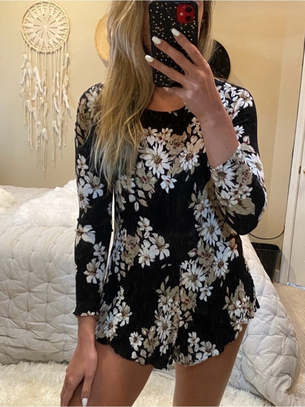 PacSun Black Floral Long-Sleeve Romper
